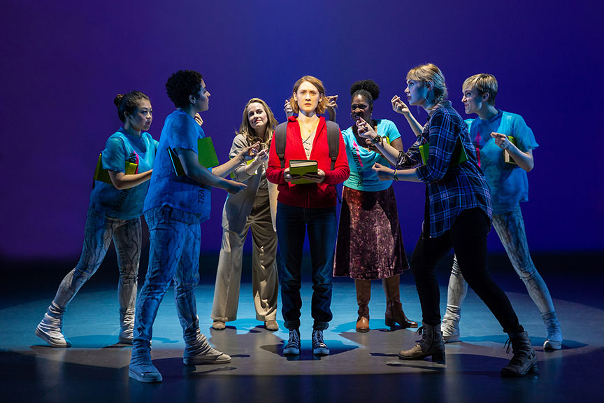 Sophie Hearn as Alice Carter (center) with the cast of  Life After, running March 22 – April 28, 2019 at The Old Globe. Photo by Jeremy Daniel.