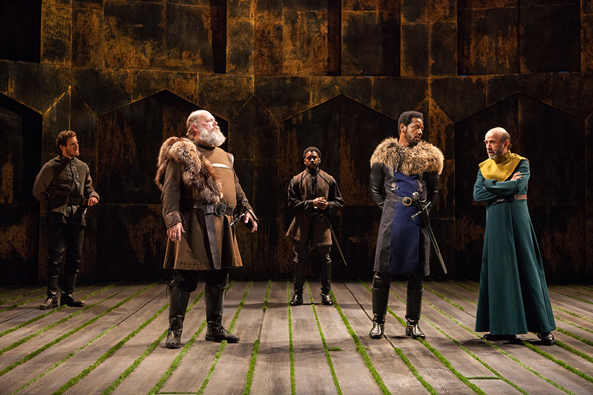 (from left) Connor Sullivan as Lord Willoughby, John Ahlin as Earl of Northumberland, Renardo Charles Jr. as Lord Ross, Tory Kittles as Henry Bolingbroke, and Patrick Kerr as Duke of York in King Richard II, by William Shakespeare, directed by Erica Schmidt, running June 11 - July 15, 2017. Photo by Jim Cox.