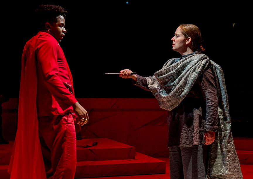 Jersten Seraile as Julius Caesar and Hallie Peterson as Marcus Brutus in The Old Globe and University of San Diego Shiley Graduate Theatre Program presentation of Shakespeare’s Julius Caesar, directed by Allegra Libonati, October 20–28, 2018 at The Old Globe. Photo by Daren Scott.