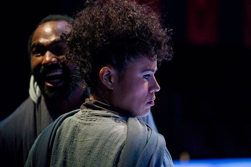 Ramon Burris as Casca and Yadira Correa as Caisus Cassius in The Old Globe and University of San Diego Shiley Graduate Theatre Program presentation of Shakespeare’s Julius Caesar, directed by Allegra Libonati, October 20–28, 2018 at The Old Globe. Photo by Daren Scott.