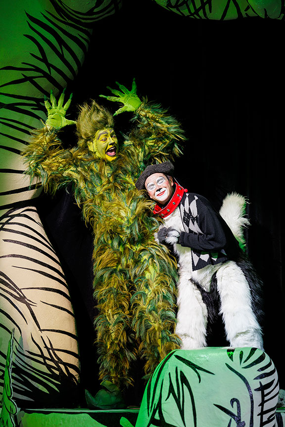 (from left) Andrew Polec as The Grinch and Tommy Martinez as Young Max  in Dr. Seuss's How the Grinch Stole Christmas!, 2024. Photo by Rich Soublet II.