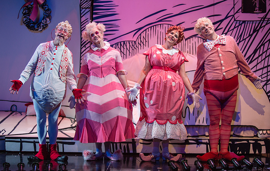 (from left) Larry Raben appears as Grandpa Who, Nancy Snow Carr as Grandma Who, Bets Malone as Mama Who, and Robert J. Townsend as Papa Who in Dr. Seuss's How the Grinch Stole Christmas!, book and lyrics by Timothy Mason, music by Mel Marvin, original production conceived and directed by Jack O'Brien, original choreography by John DeLuca, and directed by James Vásquez, running November 4 – December 24, 2017 at The Old Globe. Photo by Jim Cox.