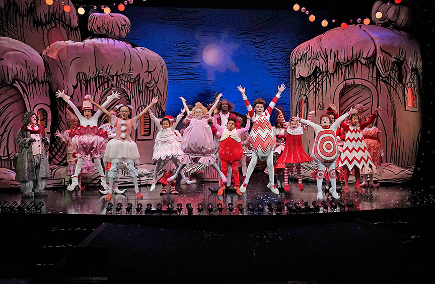 The cast of Dr. Seuss's How the Grinch Stole Christmas!, 2018. Book and lyrics by Timothy Mason, music by Mel Marvin, original production conceived and directed by Jack O'Brien, original choreography by John DeLuca, and directed by James Vásquez, running November 10 – December 29, 2019 at The Old Globe. Photo by Ken Howard.