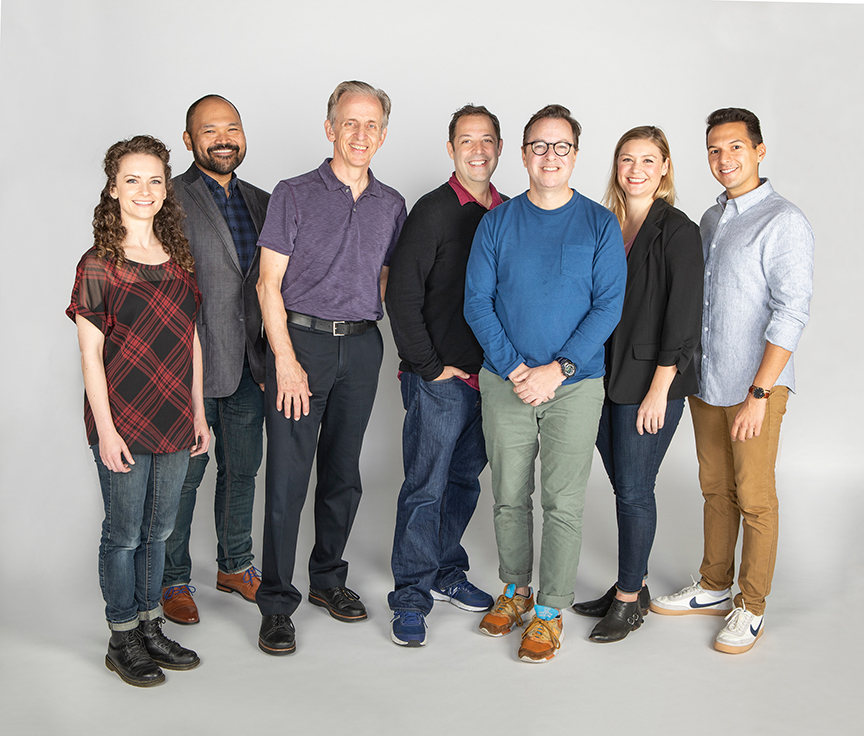 The cast with co-writer Steve Rosen and co-writer and director Gordon Greenberg (center) of Ebenezer Scrooge's BIG San Diego Christmas Show, running November 23 – December 29, 2019 at The Old Globe. Photo by Jim Cox.
