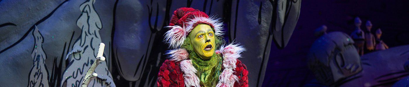 Andrew Polec as The Grinch in Dr. Seuss's How the Grinch Stole Christmas!, 2023. Photo by Jim Cox.