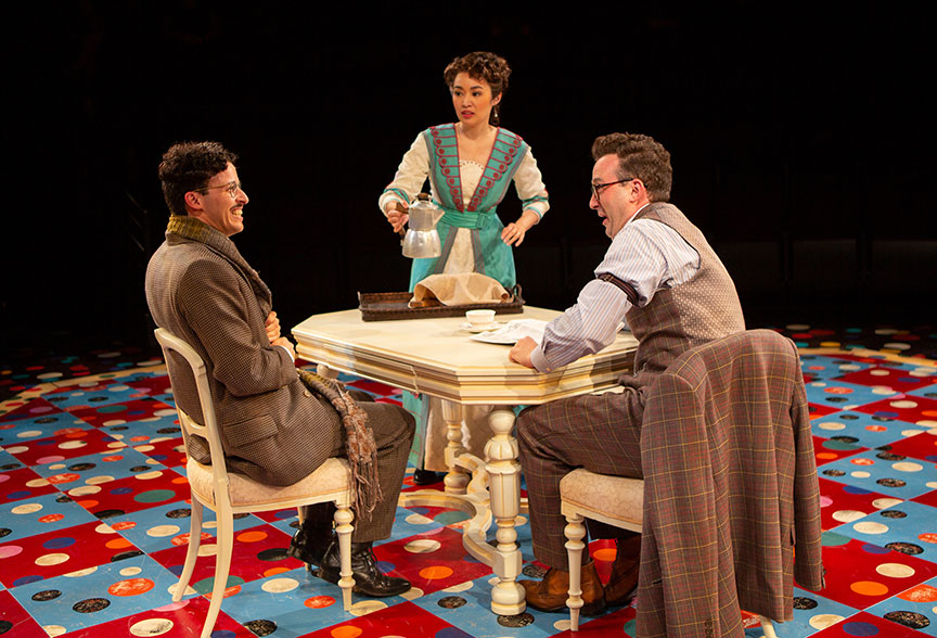 Michael Bradley Cohen as Benjamin Cohen, Regina De Vera as Louise Maske, and Eddie Kaye Thomas as Theo Maske in The Underpants, by Steve Martin, directed by Walter Bobbie, and adapted from Carl Sternheim, running July 27 – September 8, 2019 at The Old Globe. Photo by Jim Cox.
