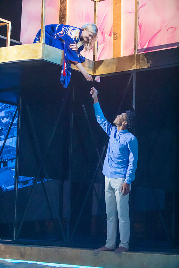 Louisa Jacobson as Juliet and Aaron Clifton Moten as Romeo. Romeo and Juliet, by William Shakespeare and directed by Barry Edelstein, runs August 11 – September 15, 2019 at The Old Globe. Photo by Jim Cox.