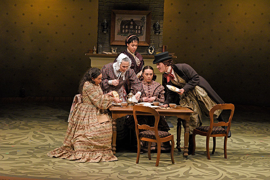 (from left) Maggie Thompson as Beth March, Sally Nystuen Vahle as Hannah, Jennie Greenberry as Meg March, Lilli Hokama as Amy March, and Pearl Rhein as Jo March. The West Coast premiere of Little Women by Kate Hamill, directed by Sarah Rasmussen, presented in association with Dallas Theater Center, runs March 14 – April 19, 2020 at The Old Globe. Photo by Karen Almond.