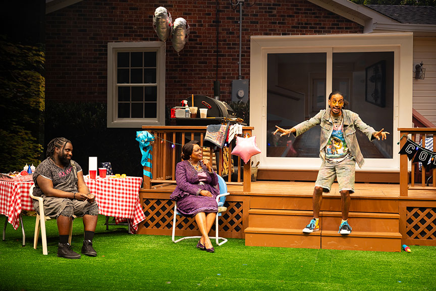 Ṣọla Fadiran as Juicy, Yvette Cason as Rabby, and Xavier Pacheco as Tio in Fat Ham, 2024. Photo by Rich Soublet II.