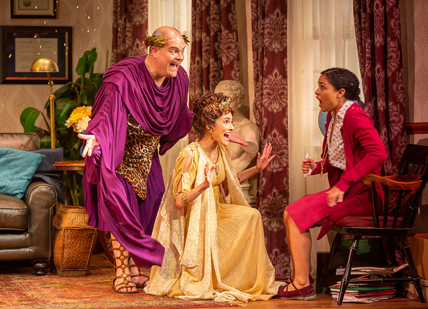 Brad Oscar as Dionysus, Jessie Cannizzaro as Thalia, and Shay Vawn as Daphne in Ken Ludwig's The Gods of Comedy, running May 11 – June 16, 2019 at The Old Globe. Photo by Jim Cox.