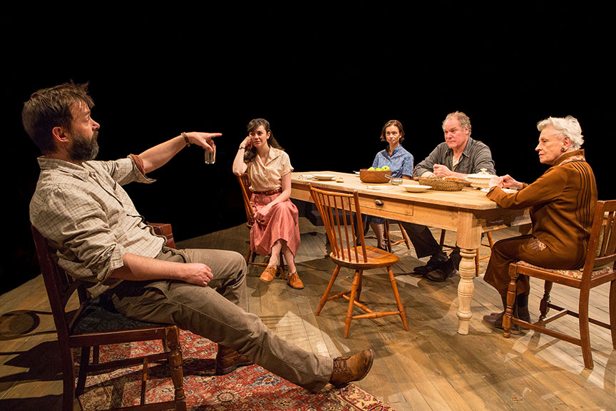 (from left) Jesse Pennington as Ástrov, Celeste Arias as Eléna, Yvonne Woods as Sónya, Jay O. Sanders as Ványa, and Roberta Maxwell as Márya in Uncle Vanya, translated by Richard Pevear and Larissa Volokhonsky, directed and translated by Richard Nelson, running February 10 – March 11, 2018 at The Old Globe. Photo by Jim Cox.