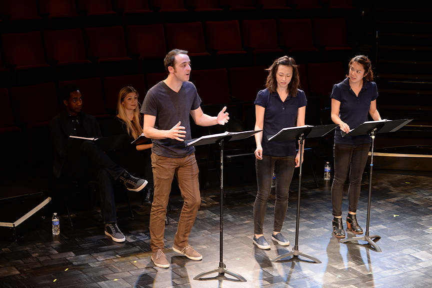 (from left) Edred Utomi, Jacque Wilke, Kevin Hafso Koppman, Joy Osmanski, and Samantha Quan in the reading of Jiehae Park's peerless, part of the 2016 Powers New Voices Festival. Photo by Douglas Gates.