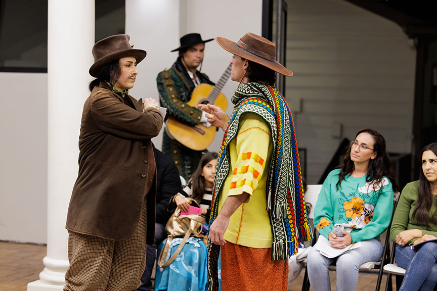 Danielle Chaves and Michael Underhill with Lu Garcia (background) in Globe for All's tour of As You Like It, 2024. Photo by Rich Soublet II.