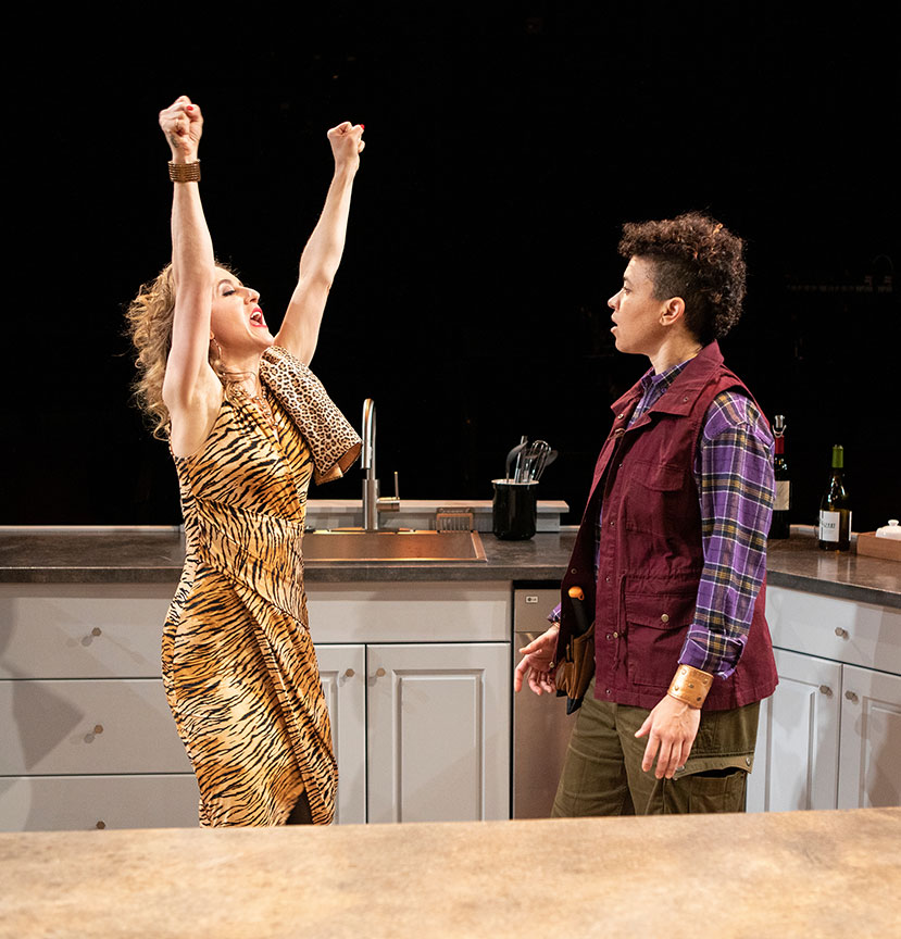Jenn Harris as Pam Annunziata and Rami Margron as Diane. The West Coast premiere of Hurricane Diane by Madeleine George, directed by James Vásquez, runs February 8 – March 8, 2020 at The Old Globe. Photo by Jim Cox.
