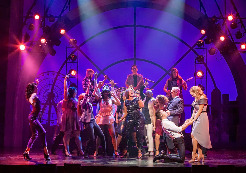 (far right, front) Matt Doyle as Bobby and Katie Rose Clarke as Cassandra with the cast of The Heart of Rock & Roll, running September 6 – October 21, 2018 at The Old Globe. Photo by Jim Cox. 