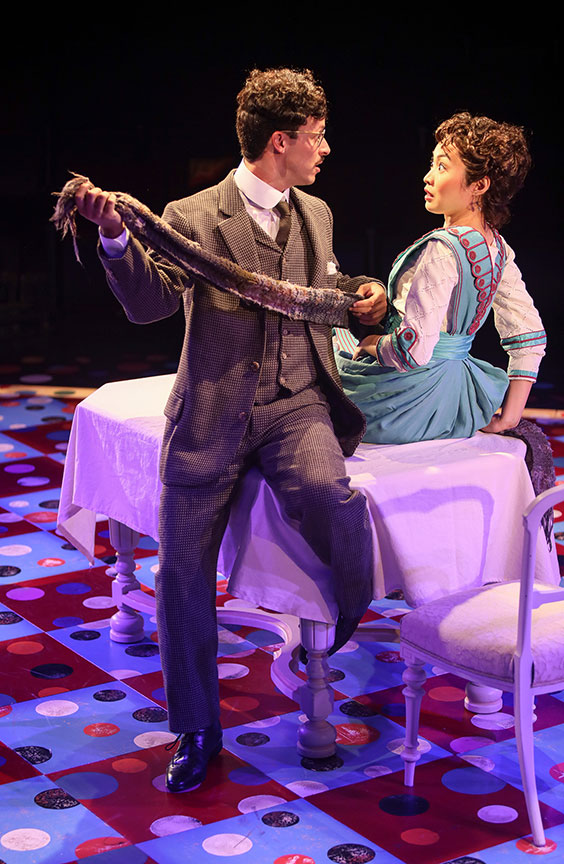 Michael Bradley Cohen as Benjamin Cohen and Regina De Vera as Louise Maske in The Underpants, by Steve Martin, directed by Walter Bobbie, and adapted from Carl Sternheim, running July 27 – September 8, 2019 at The Old Globe. Photo by Jim Cox.